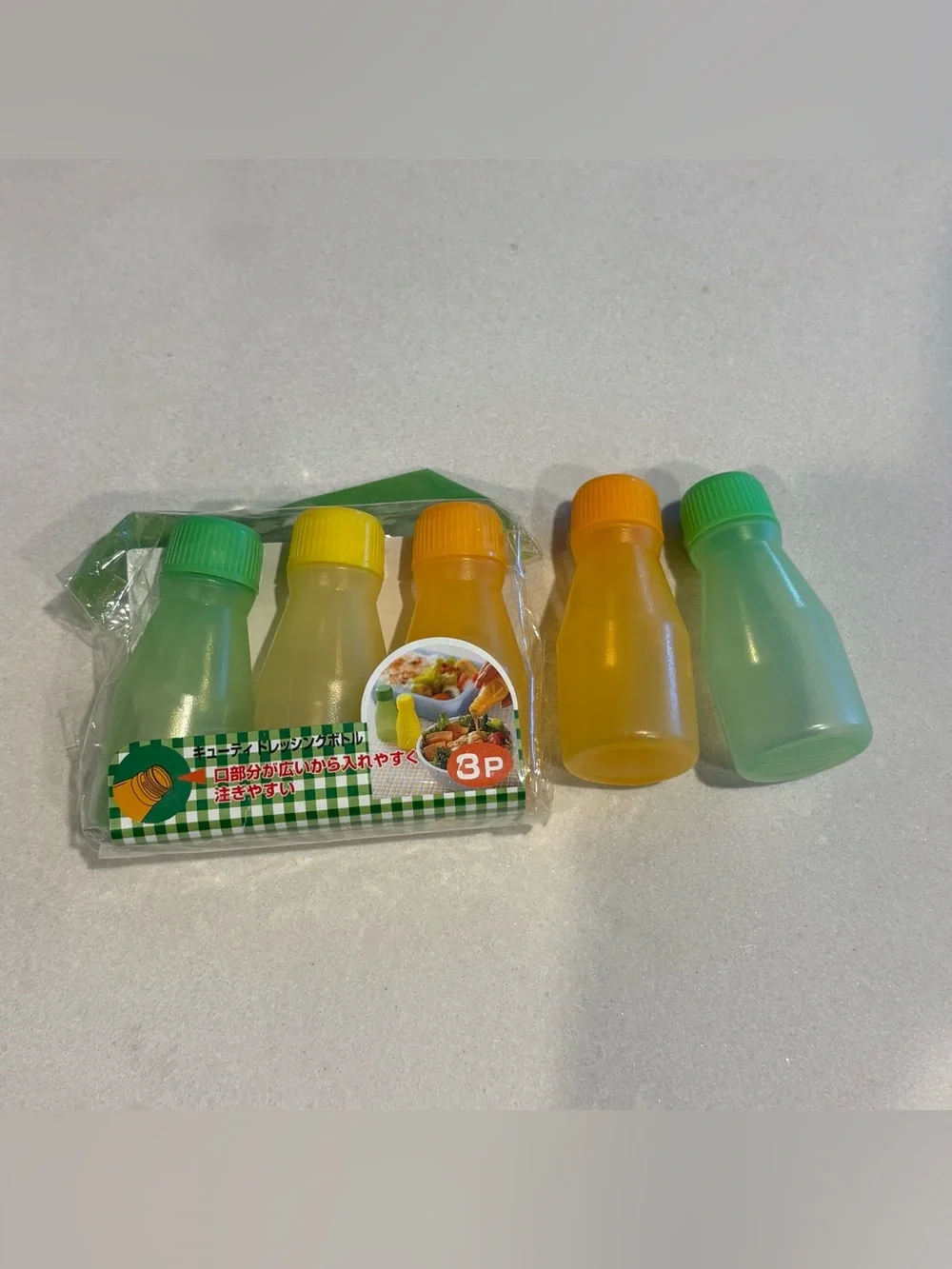 Reusable Green and Yellow mini Condiment Bottles - 5